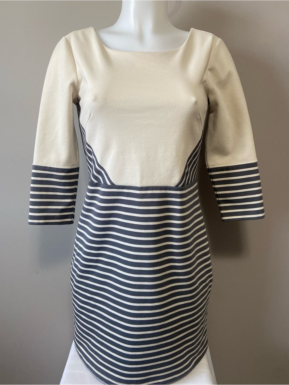Daisy Fuentes Cream and Navy Striped Long Sleeve Sheath Dress